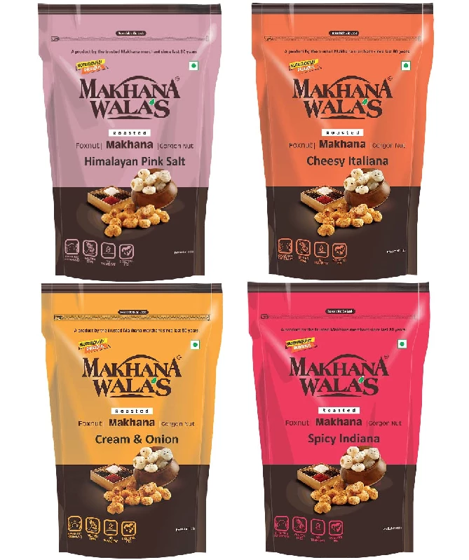 Makhanawalas Roasted & Flavoured Makhana Combo of Himalayan Pink Salt, Cheesy Italiana, Cream Onion and Spicy Indiana (Pack of 4) Makhanawalas Roasted & Flavoured Makhana Combo of Himalayan Pink Salt, Cheesy Italiana, Cream Onion and Spicy Indiana (Pack of 4)-Pack Size-70 g (Each)