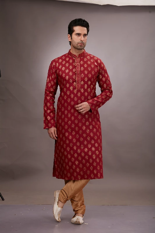 Maroon Cotton Printed Kurta Set