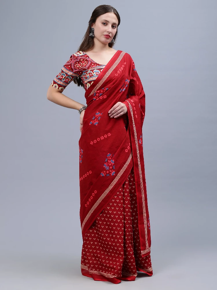 Maroon Printed Malmal Cotton Saree - Image 4