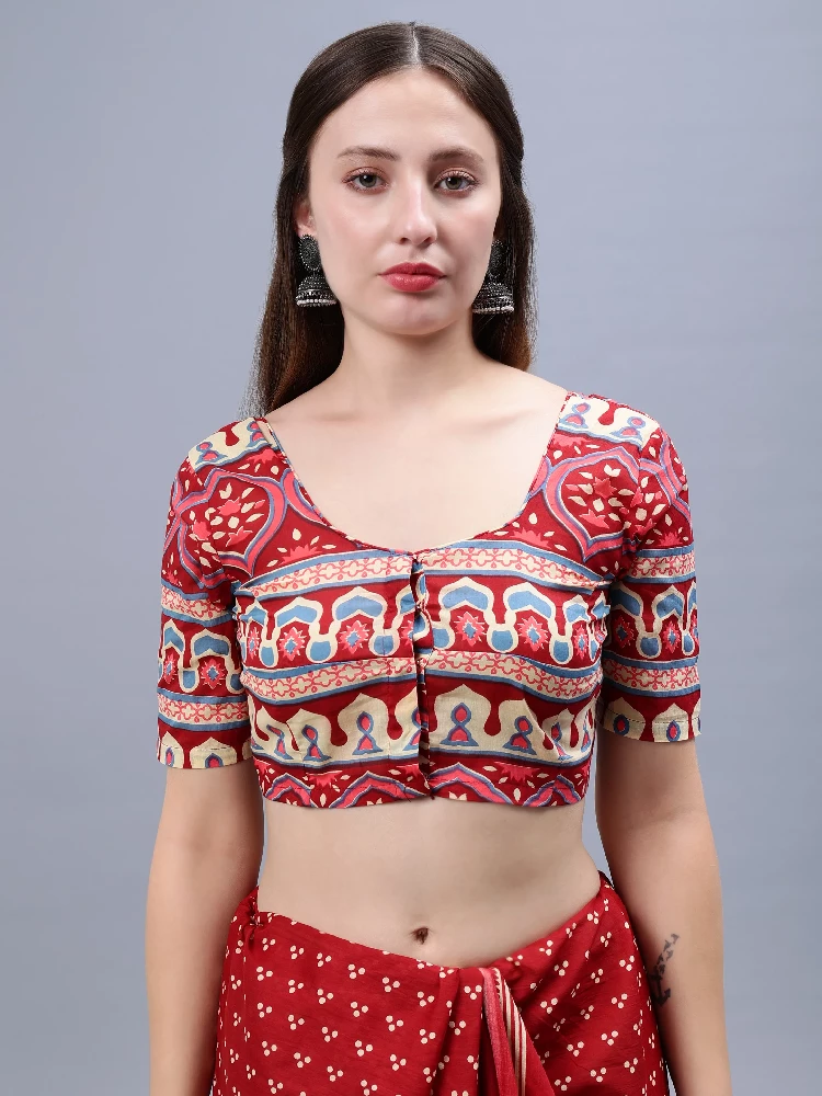 Maroon Printed Malmal Cotton Saree - Image 7