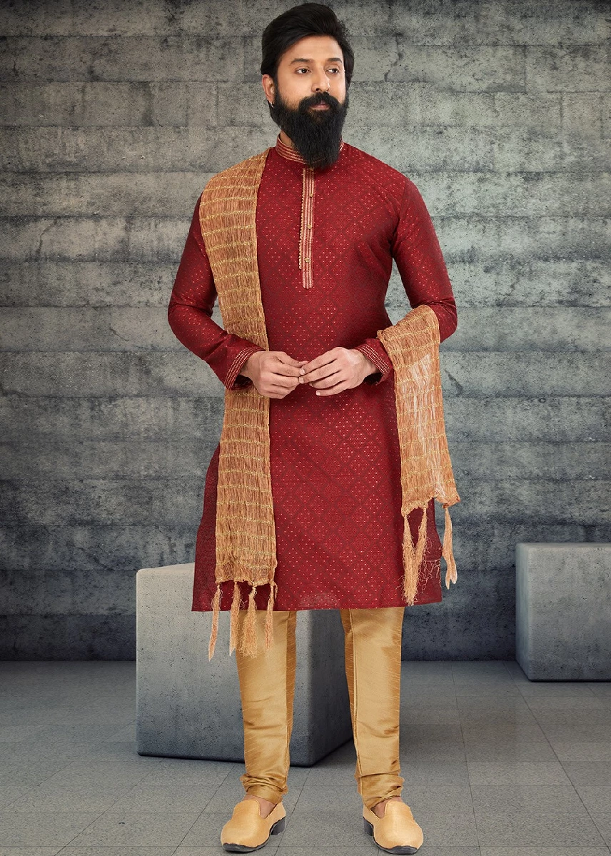 Maroon Woven Jacquard Kurta Pajama - Image 6