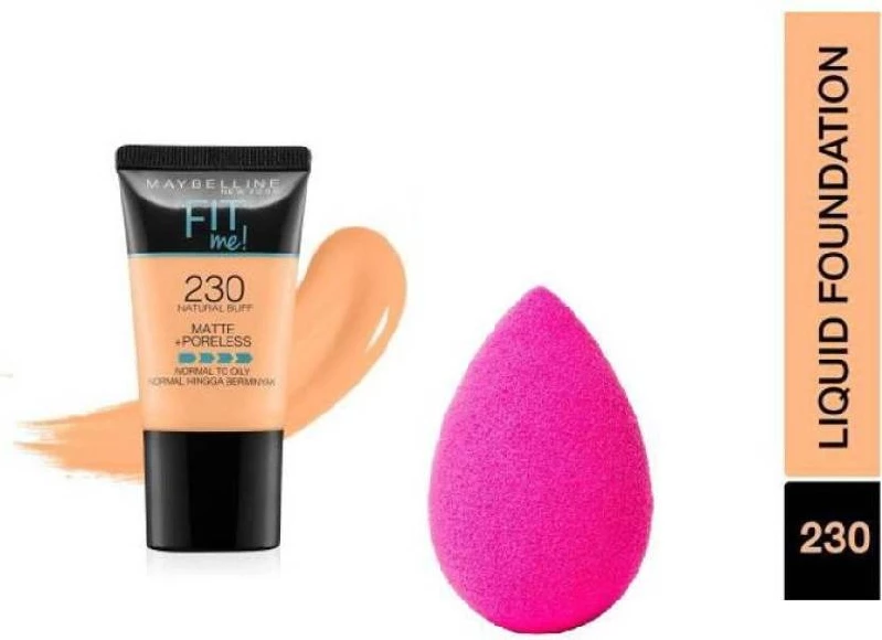 Maybelline New York Fit Me Matte & Poreless Liquid Tube Natural Foundation 230 Natural Buff With Beauty Blender Combo Maybelline New York Fit Me Matte & Poreless Liquid Tube Natural Foundation 230 Natural Buff With Beauty Blender Combo-Color-Combo of 2