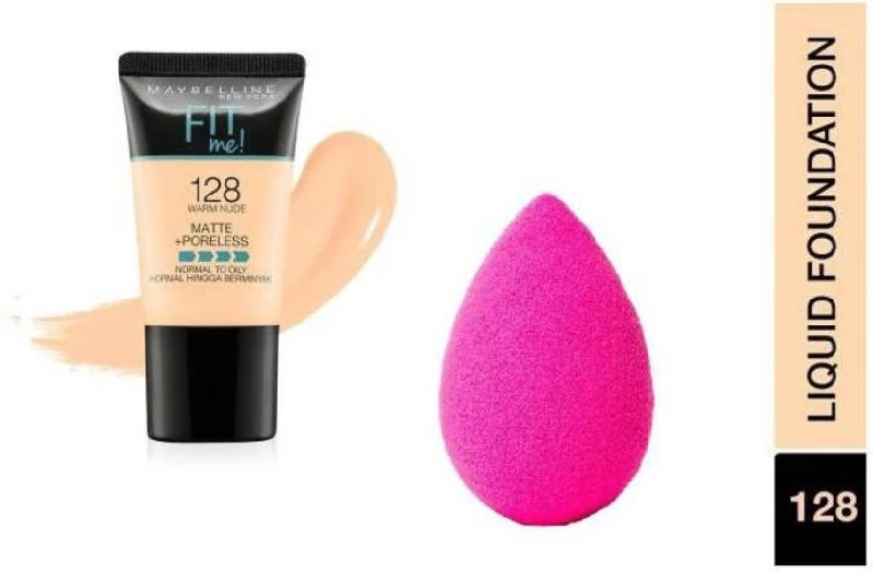 Maybelline New York Fit Me Matte & Poreless Liquid Tube Natural Foundation 128 Warm Nude With Beauty Blender Maybelline New York Fit Me Matte & Poreless Liquid Tube Natural Foundation 128 Warm Nude With Beauty Blender-Color-Combo of 2