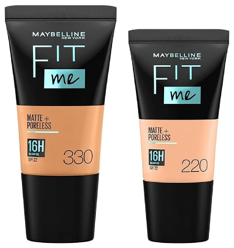 Maybelline New York Fit Me Matte+Poreless Liquid Foundation Medium Coverage For Oily Skin Tube, 330 Toffee, 220 Natural Beige Maybelline New York Fit Me Matte+Poreless Liquid Foundation Medium Coverage For Oily Skin Tube, 330 Toffee, 220 Natural Beige-Pack Size-Combo of 2