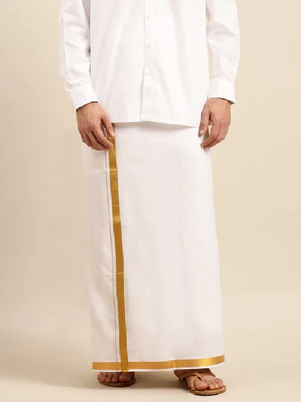 Mens Double Dhoti White With Gold Jari 1 Good Will