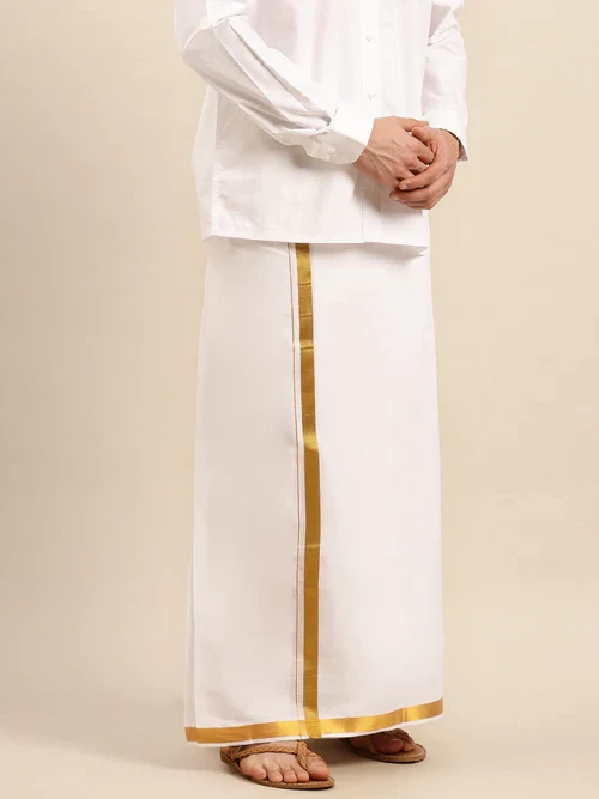 Mens Double Dhoti White with Gold Jari 1" Good Will - Image 2