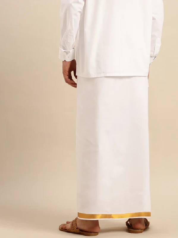 Mens Double Dhoti White with Gold Jari 1" Good Will - Image 3