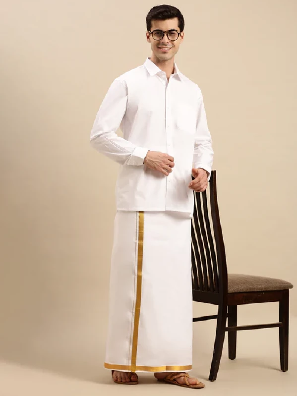 Mens Double Dhoti White with Gold Jari 1" Good Will - Image 4