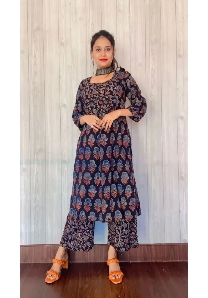 Mid-night Blue Cotton Pants with Ajrakh Block-Prints