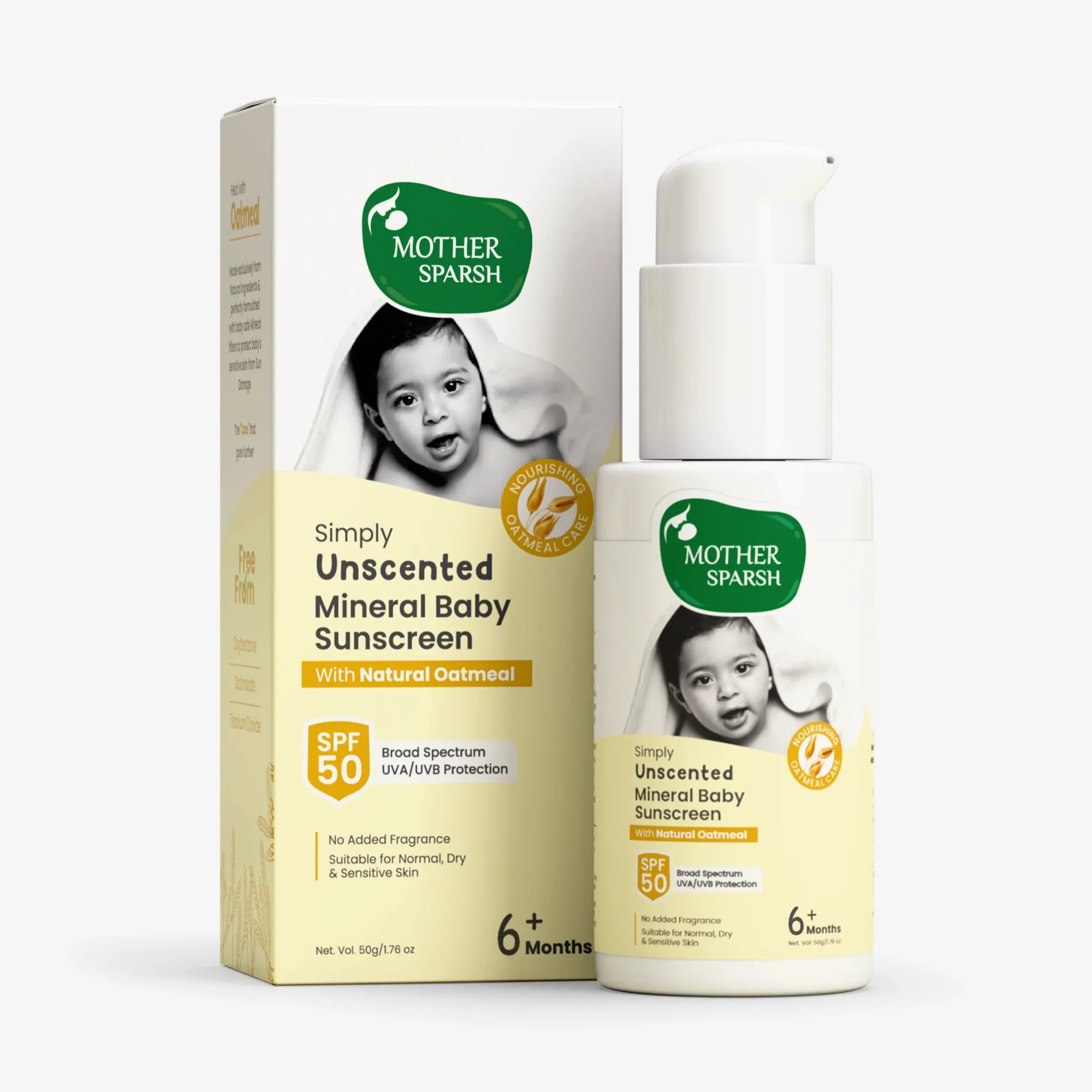 Mother Sparsh Simply Unscented Mineral Baby Sunscreen SPF 50 Mother Sparsh Simply Unscented Mineral Baby Sunscreen SPF 50-Pack Size-50 g