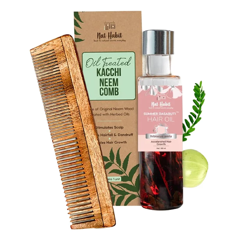Nat Habit Back To Natural Secrets Everyday Dual Tooth Wooden Kacchi Neem Comb & Hibiscus Dasabuti Hair Oil