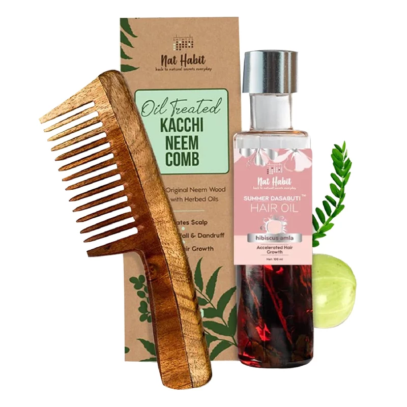 Nat Habit Back To Natural Secrets Everyday Wide Tooth Wooden Kacchi Neem Comb & Hibiscus Dasabuti Hair Oil