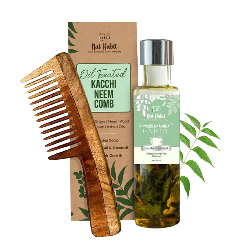 Nat Habit Back To Natural Secrets Everyday Wide Tooth Wooden Kacchi Neem Comb & Trileaf Dasabuti Hair Oil