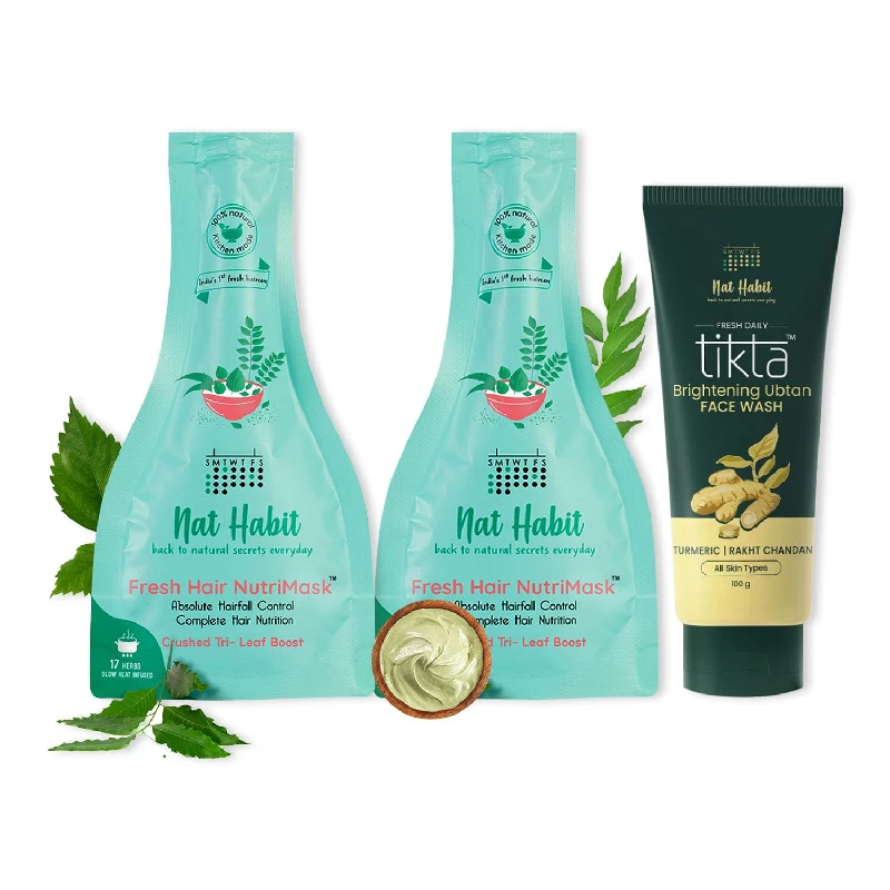 Nat Habit Crushed Tri-Leaf Nutri Hair Mask For Hairfall 40 g & Brightening Ubtan Tikta Face Wash For Men & Women 100 g - Image 1