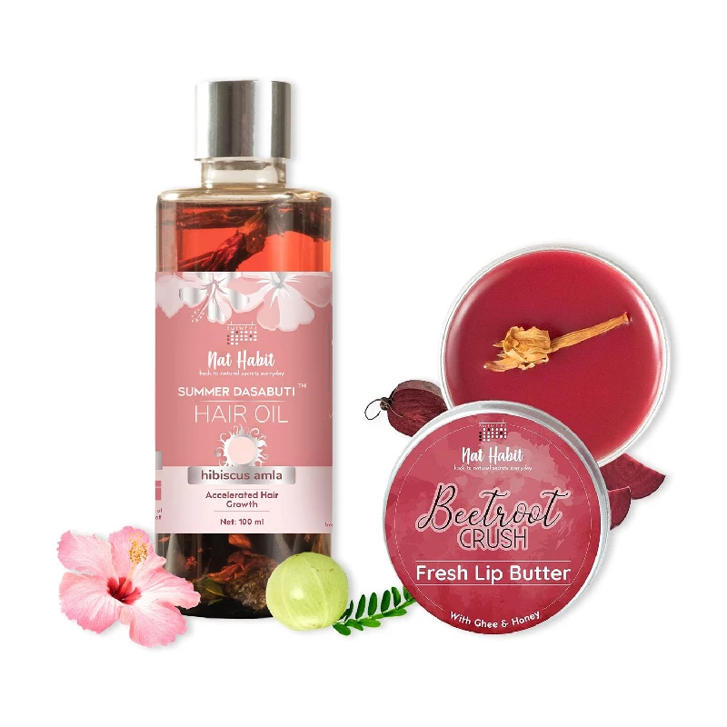 Nat Habit Dasabuti Summer Hair Oil & Beetroot Crush Lip Balm For Dry & Chapped Lips
