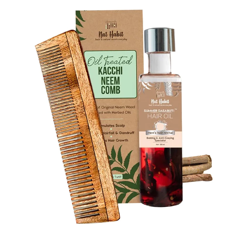 Nat Habit Dual Tooth Wooden Kacchi Neem Comb & Mens Dasabuti Hair Oil