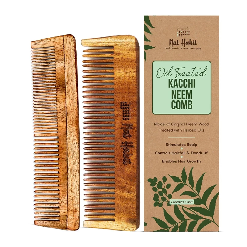 Nat Habit Kacchi Neem Wooden Pocket Fine & Dual Tooth Comb Nat Habit Kacchi Neem Wooden Pocket Fine & Dual Tooth Comb-Pack Size-Combo of 2