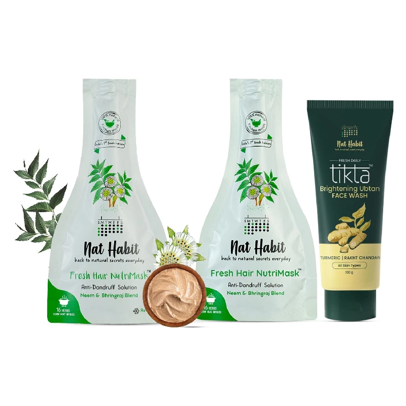 Nat Habit Neem Bhringraj Blend Nutri Hair Mask For Dandruff 40 g & Brightening Ubtan Tikta Face Wash For Men & Women 100 g - Image 1