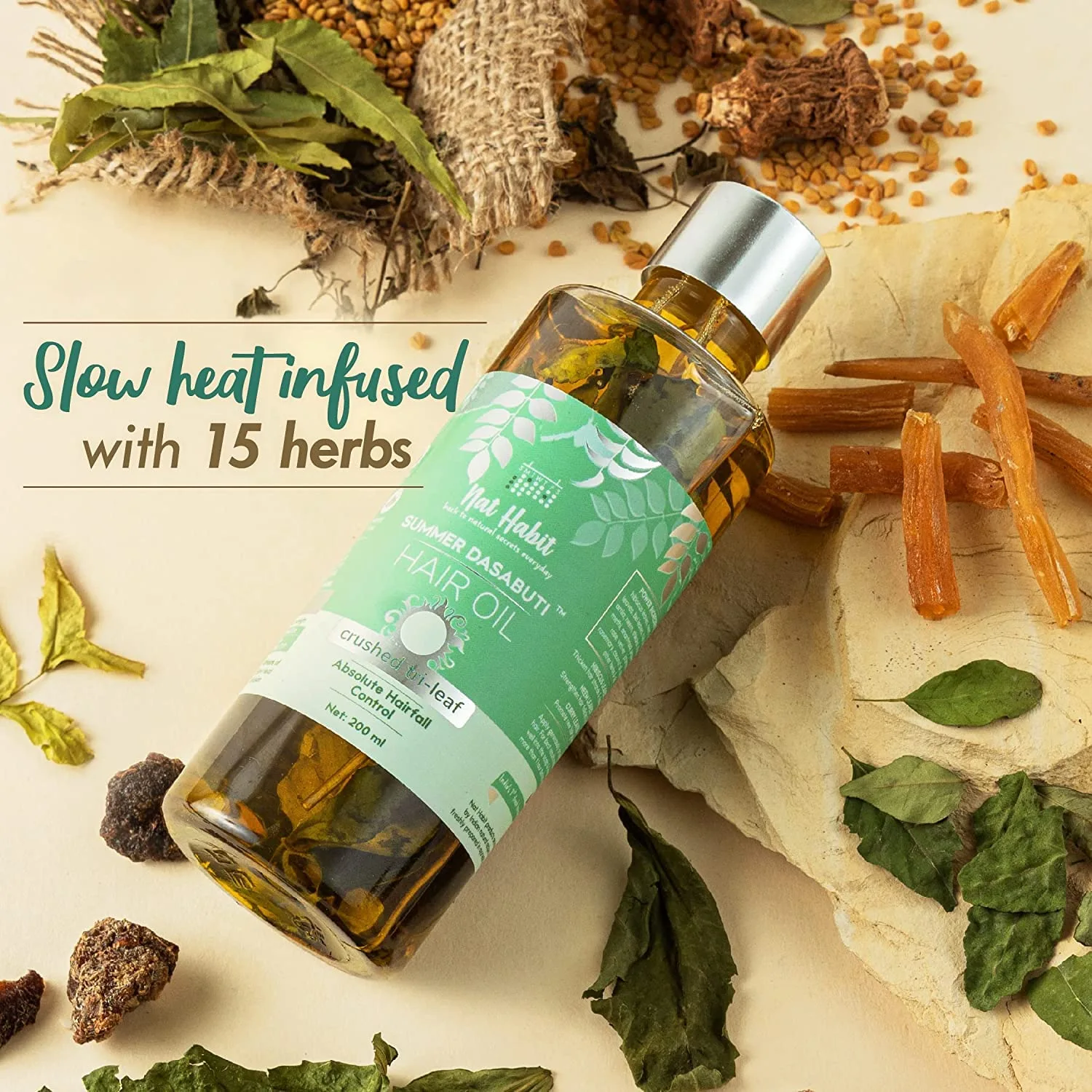 Nat Habit Back To Natural Secrets Everyday Wide Tooth Wooden Kacchi Neem Comb & Trileaf Dasabuti Hair Oil - Image 2