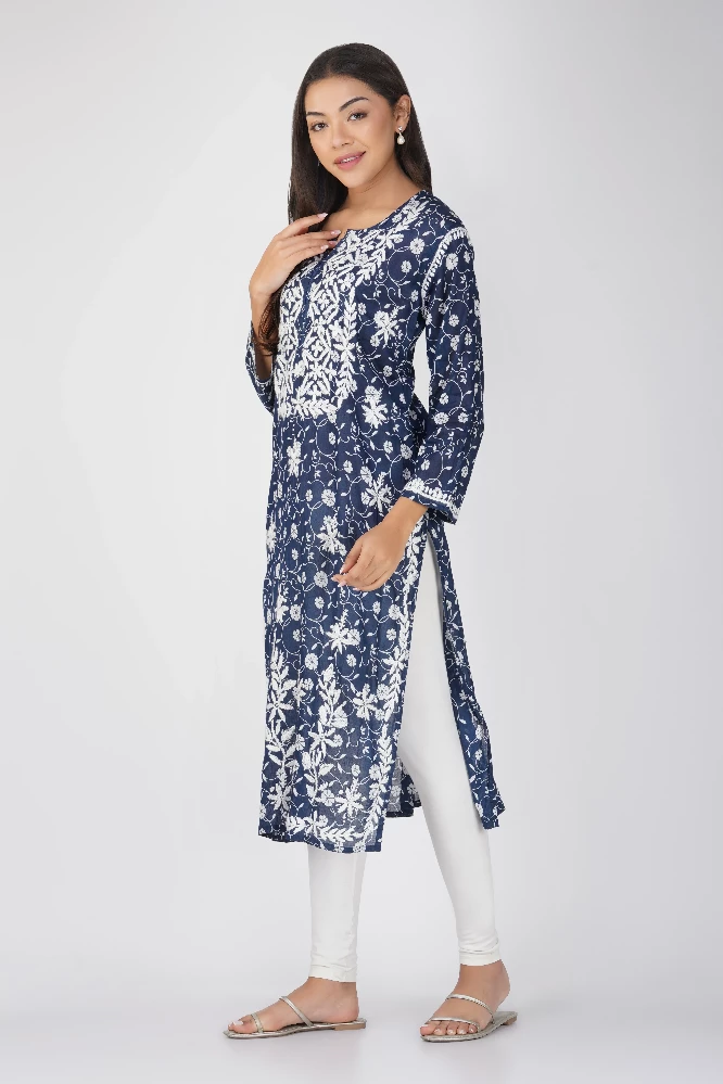 Navy Blue Malmal Cotton Chikankari Kurti - Image 2