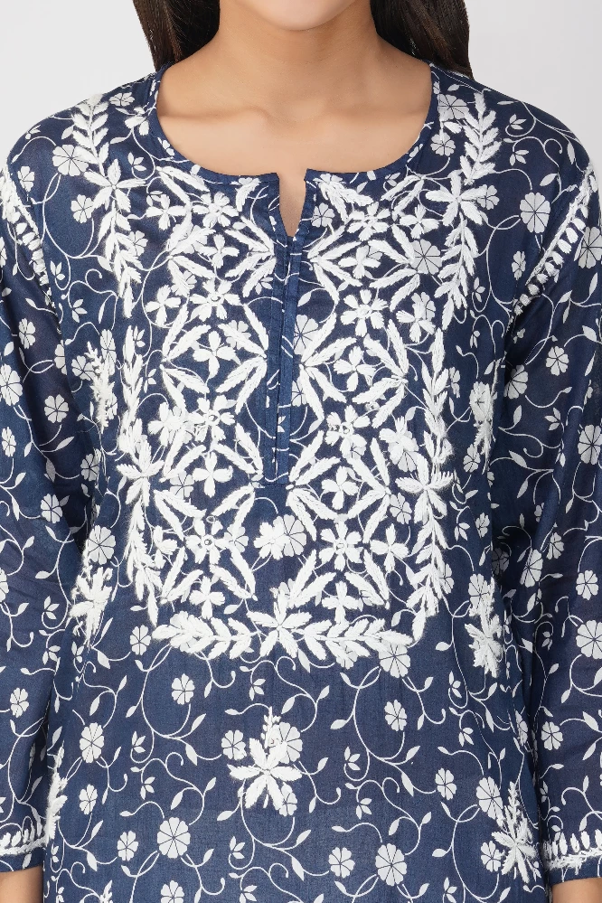 Navy Blue Malmal Cotton Chikankari Kurti - Image 3