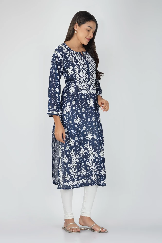 Navy Blue Malmal Cotton Chikankari Kurti - Image 4