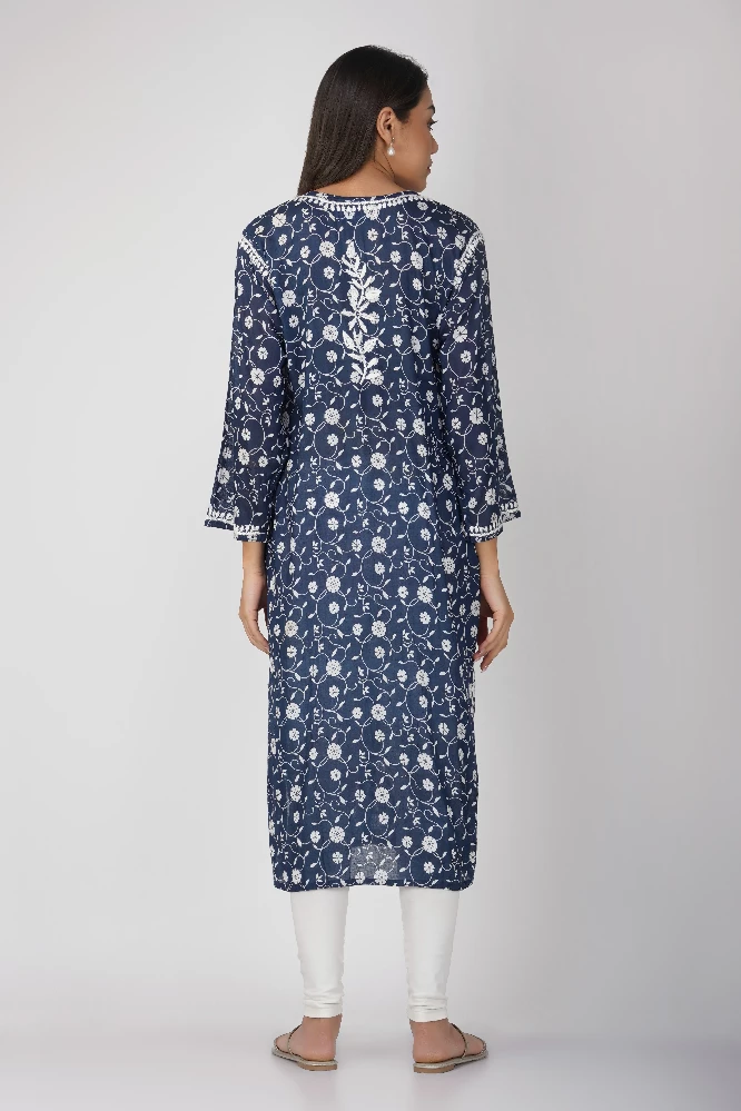 Navy Blue Malmal Cotton Chikankari Kurti - Image 5