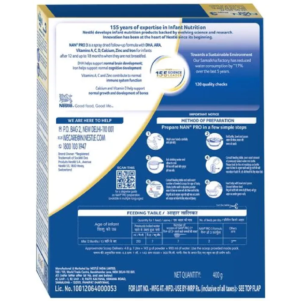 Nestle Nan Pro 3 Follow-Up Formula Powder After 12 Upto 18 Months Infants Stage 3 - Image 2
