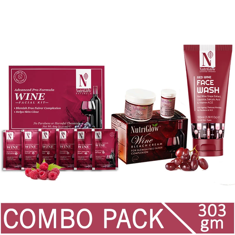 NutriGlow Naturals Advanced Pro Wine Combo Pack - Facial Kit + Bleach Cream + Face Wash NutriGlow Naturals Advanced Pro Wine Combo Pack - Facial Kit + Bleach Cream + Face Wash-Pack Size-303 g