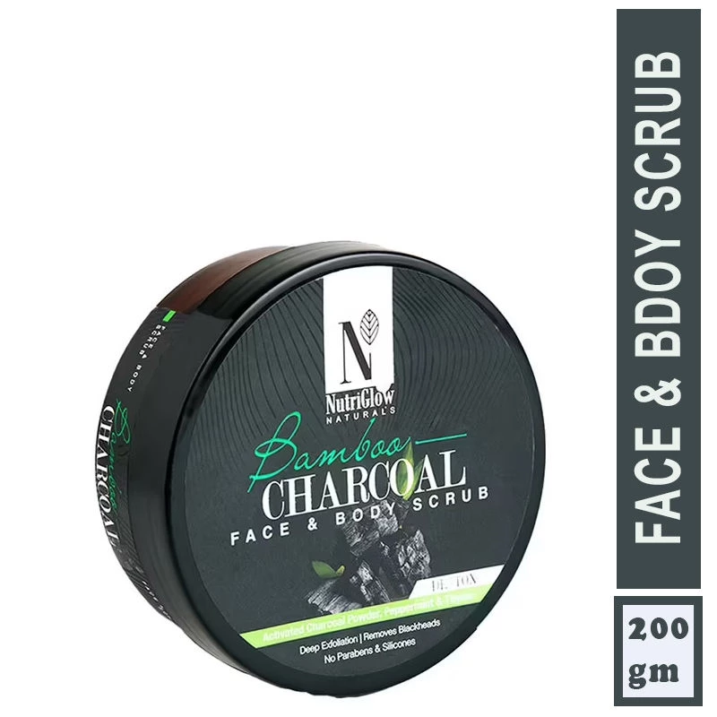 NutriGlow Naturals Bamboo Charcoal Face & Body Scrub With Activated Charcoal Powder NutriGlow Naturals Bamboo Charcoal Face & Body Scrub With Activated Charcoal Powder-Pack Size-200 g