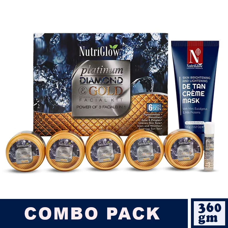 NutriGlow Platinum, Diamond & Gold Facial Kit & ADVANCED ORGANICS De Tan Creme Mask - Image 1