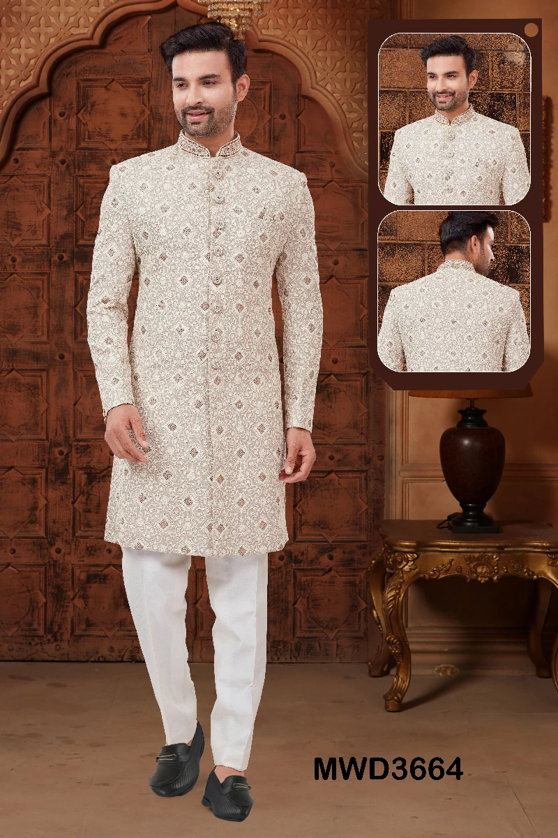 Off White Chikankari Embroidered Readymade Sherwani - Image 1
