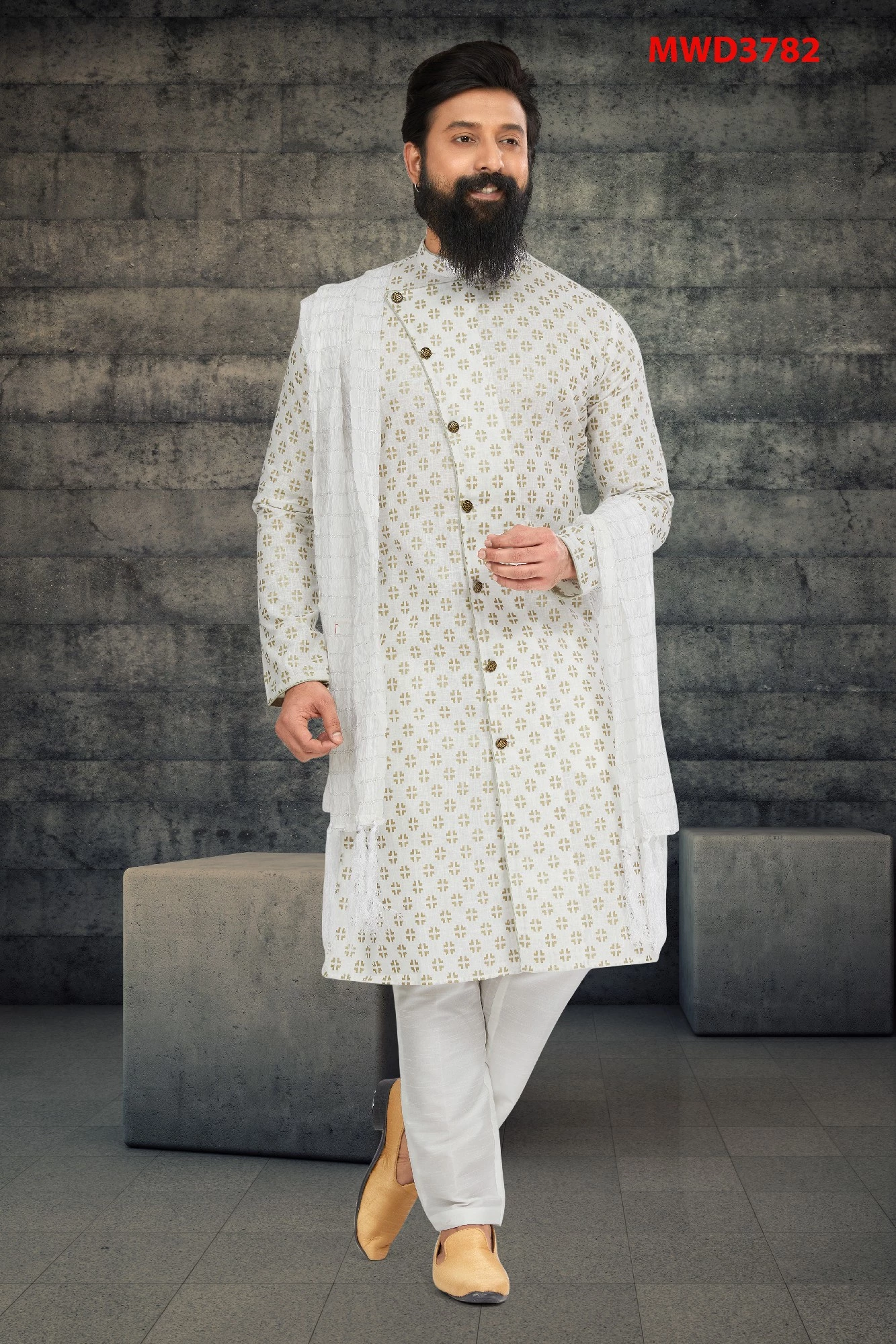 Off White Mens Indo Western Sherwani - Image 1