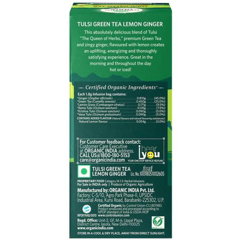 Organic India Organic Tulsi Green Tea - Lemon & Ginger - Image 2