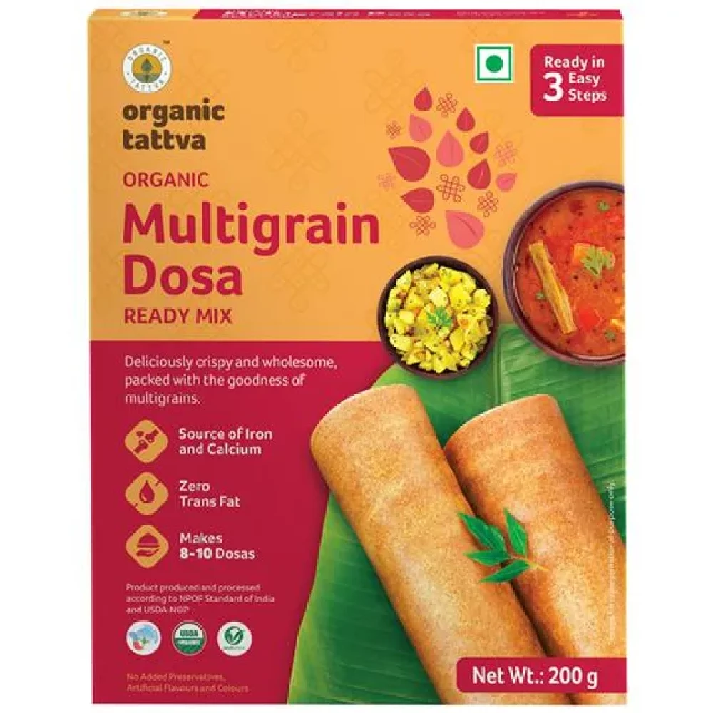 Organic Tattva Organic Multigrain Dosa Ready Mix - Crispy, Source Of Iron & Calcium, Zero Trans Fat Organic Tattva Organic Multigrain Dosa Ready Mix - Crispy, Source Of Iron & Calcium, Zero Trans Fat--200 g Mono Carton