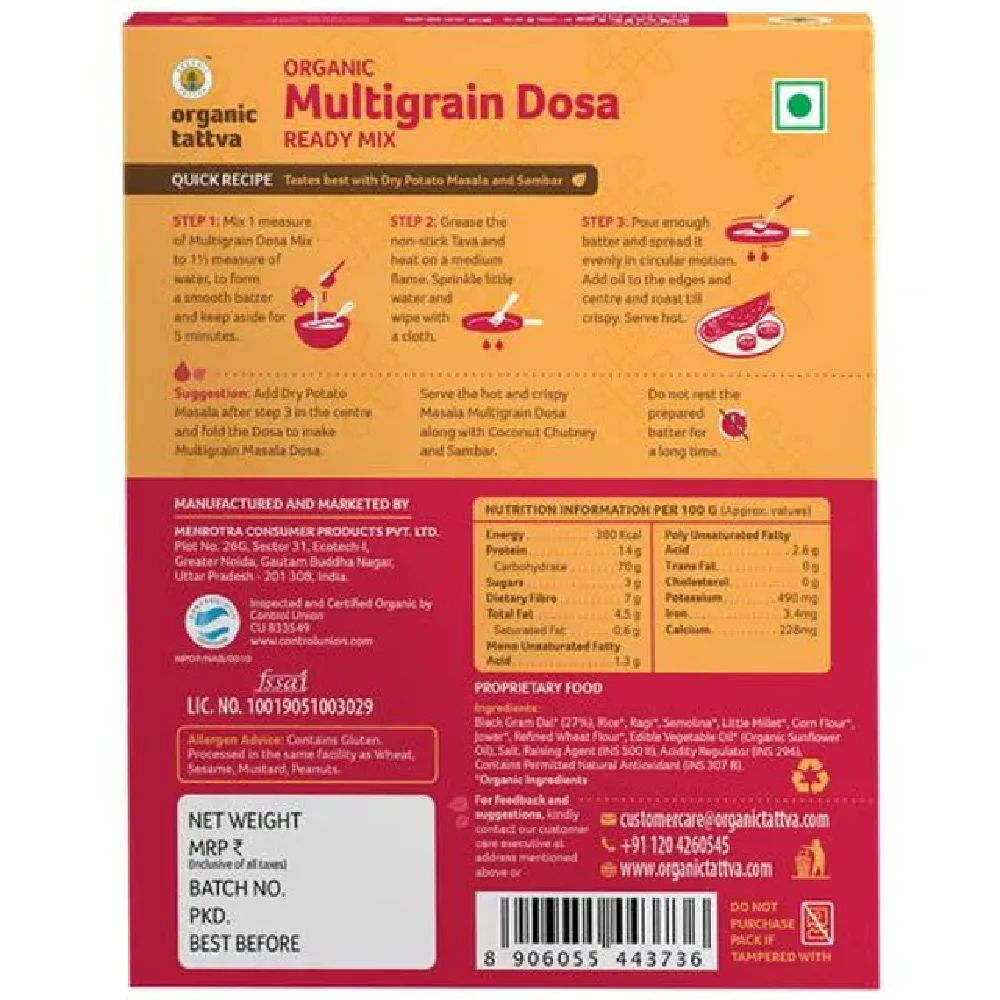Organic Tattva Organic Multigrain Dosa Ready Mix - Crispy, Source Of Iron & Calcium, Zero Trans Fat - Image 2