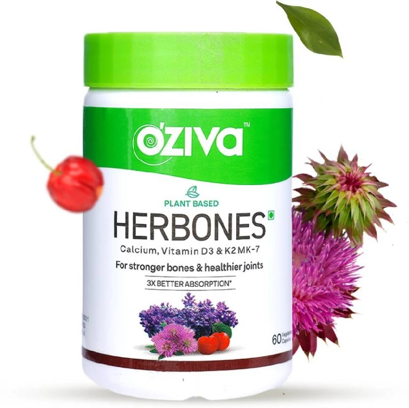 Oziva Plant Based HerBones Calcium, Vegan Vitamin D3, K2 MK-7 Capsules - Image 1