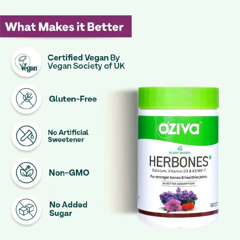 Oziva Plant Based HerBones Calcium, Vegan Vitamin D3, K2 MK-7 Capsules - Image 3