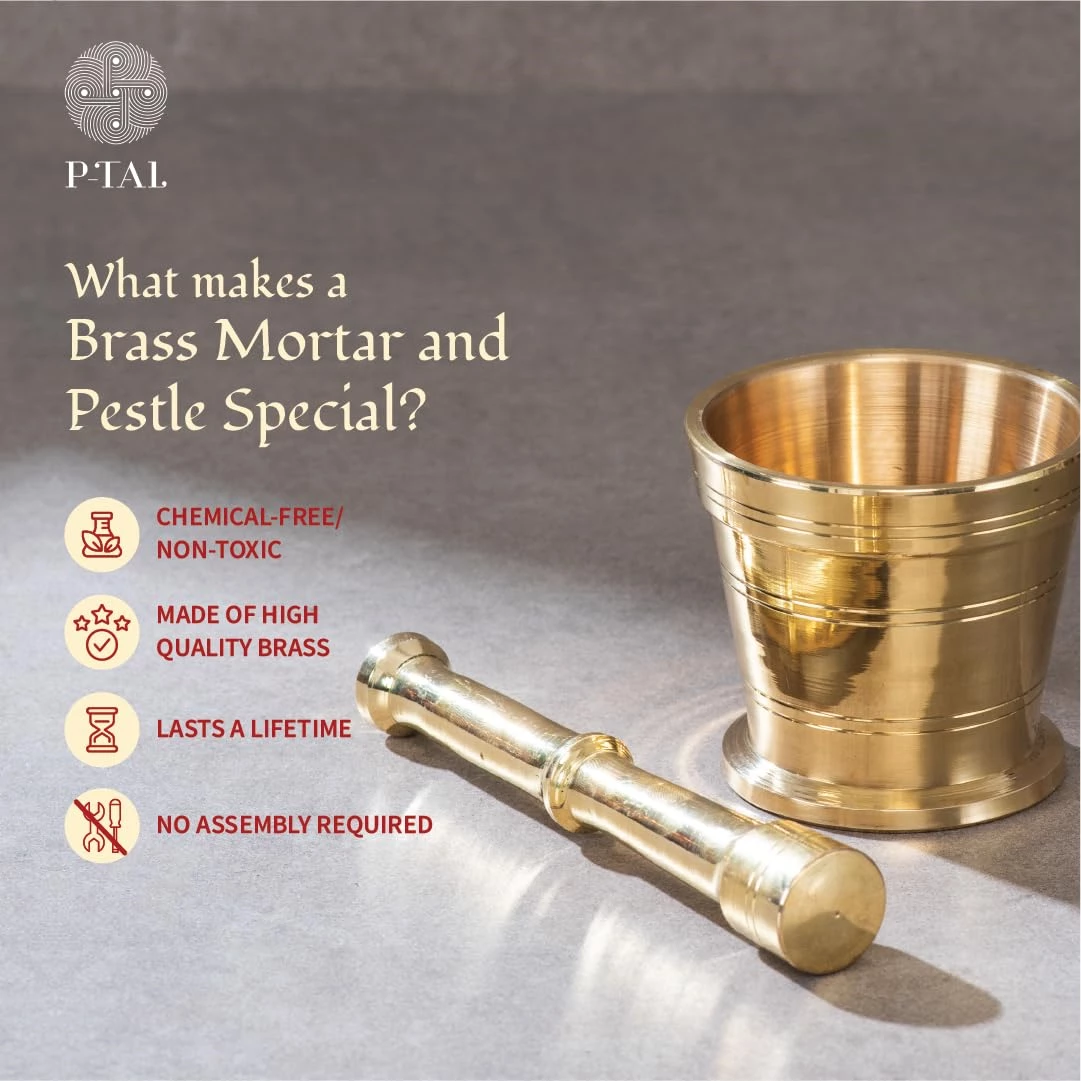 P TAL Brass Mortar and Pestle Set Pure Brass Okhli Imam Dasta - Image 2