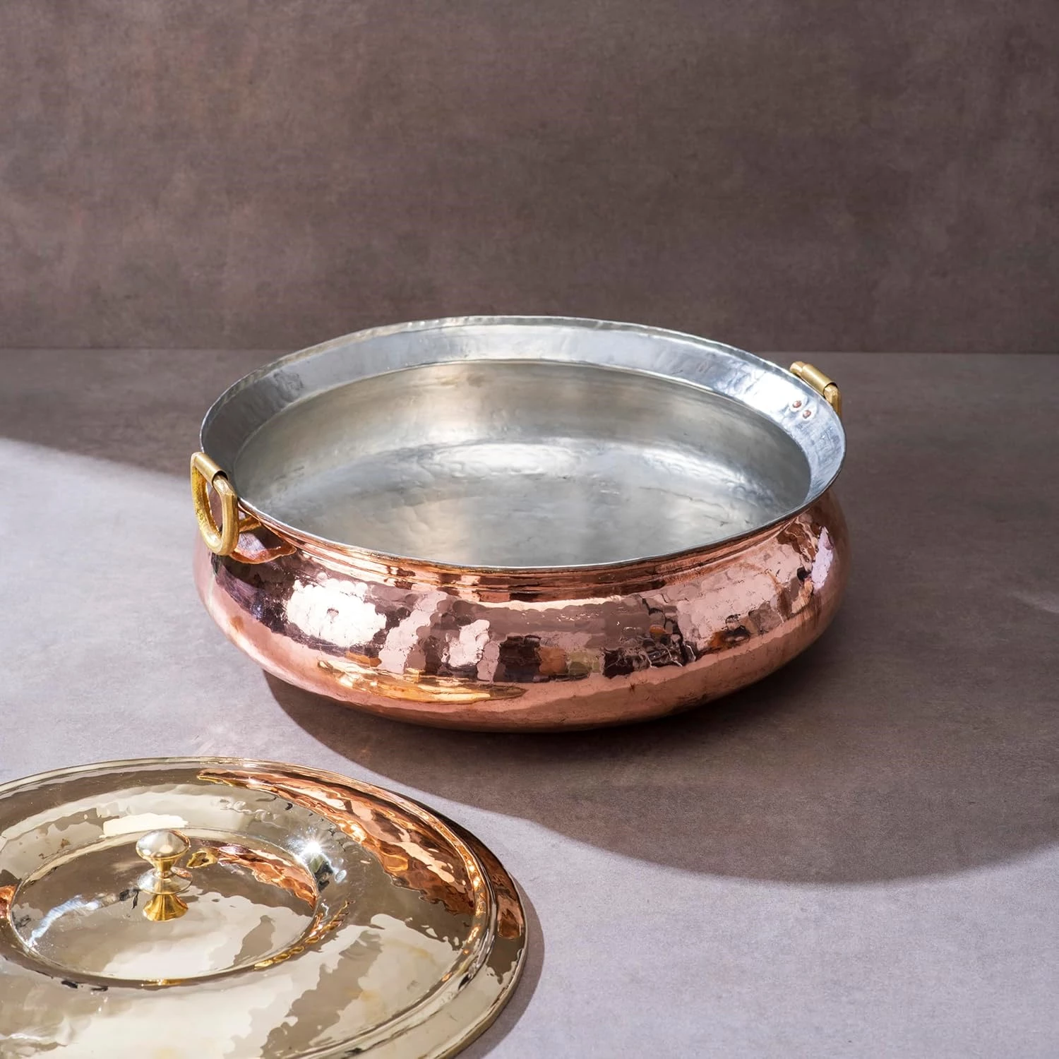 P TAL Copper Hammered Lagaan Tin Coated with Lid P TAL Copper Hammered Lagaan Tin Coated with Lid-Pack Size-3800 g