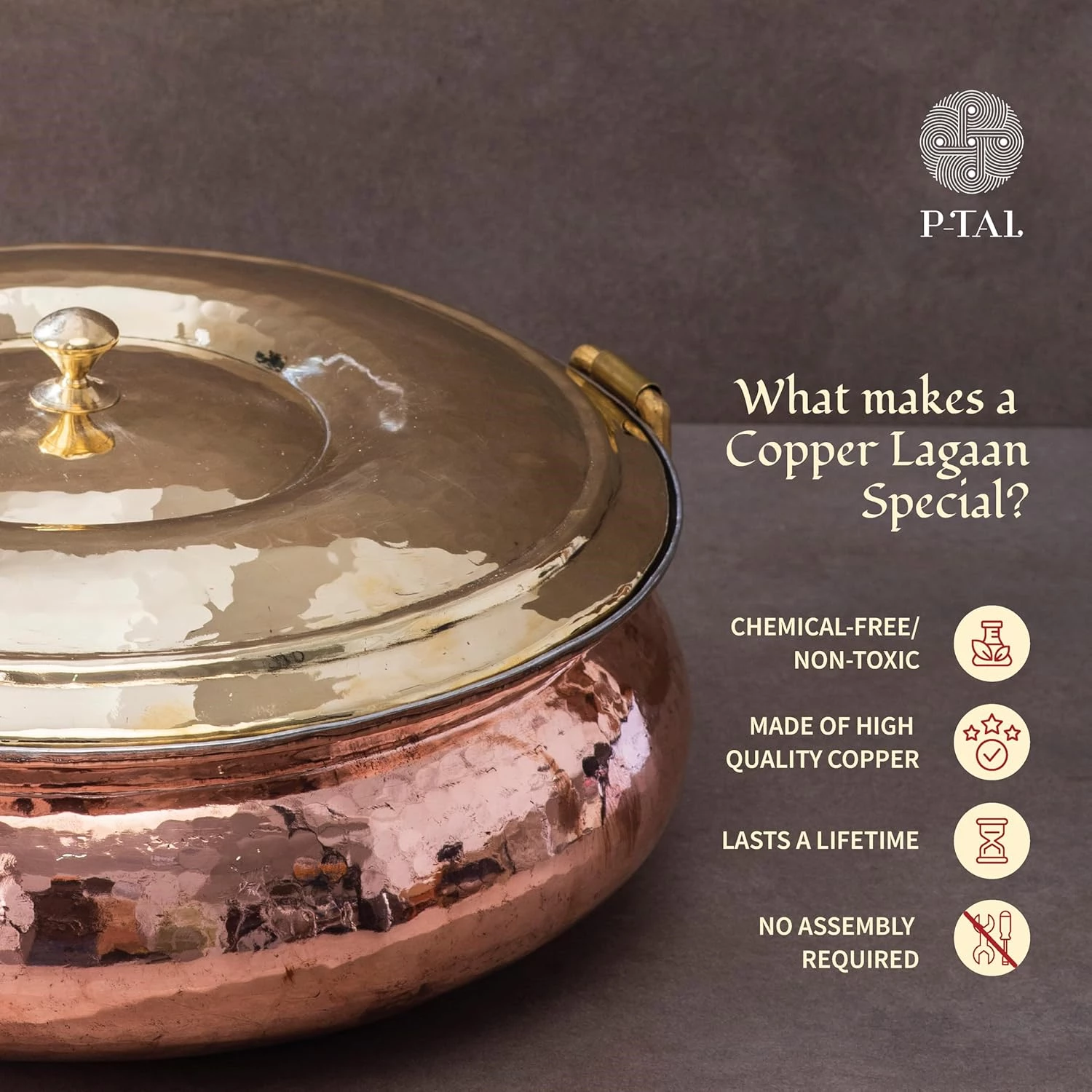 P TAL Copper Hammered Lagaan Tin Coated with Lid - Image 3