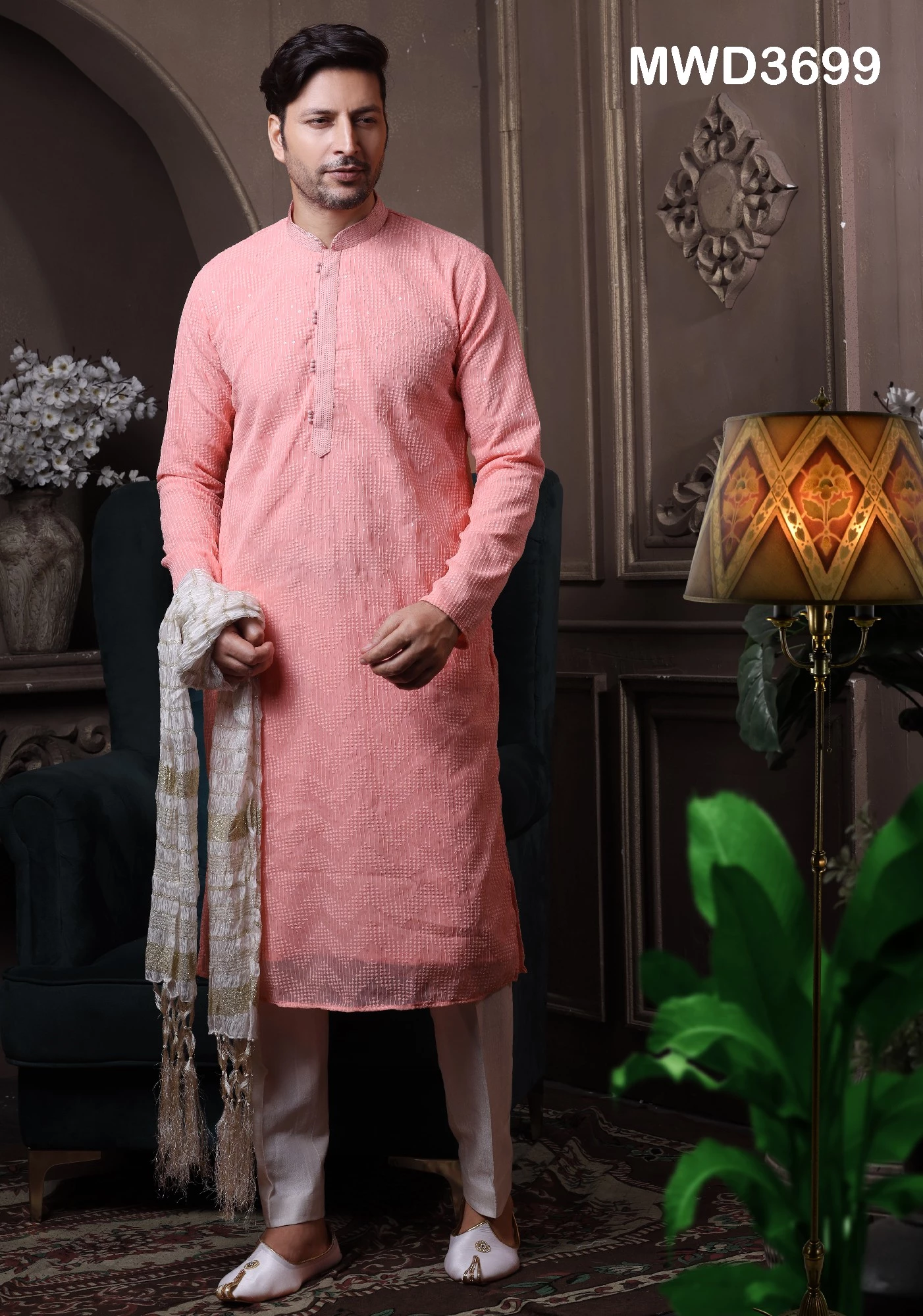 Peach Readymade Chikankari Kurta Pajama In Georgette - Image 1