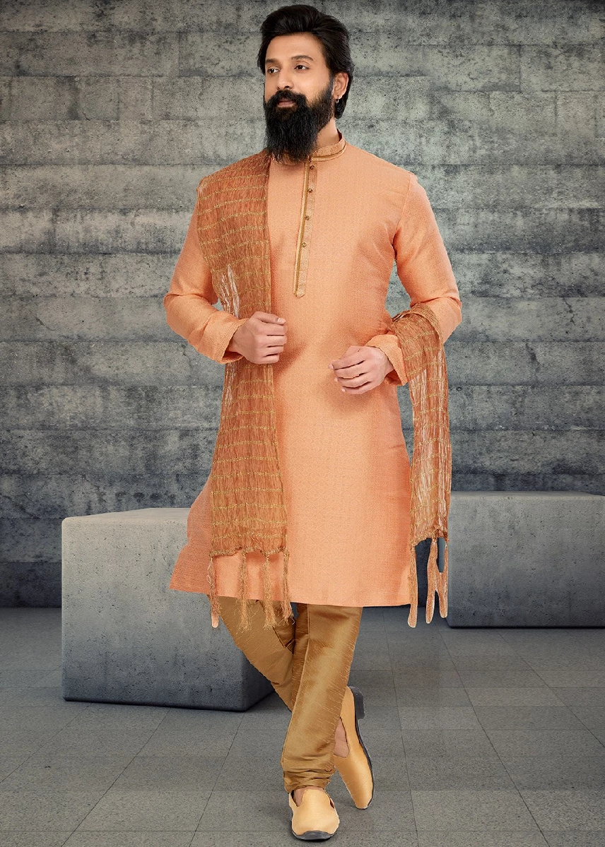 Peach Woven Work Kurta Pajama In Jacquard - Image 1