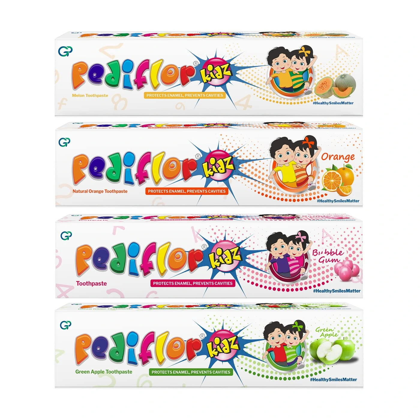 Pediflor Kidz Enamel Protection Cavity Toothpaste For Children - Bubble Gum, Green Apple, Orange & Melon Pediflor Kidz Enamel Protection Cavity Toothpaste For Children - Bubble Gum, Green Apple, Orange & Melon-Pack Size-Combo of 4