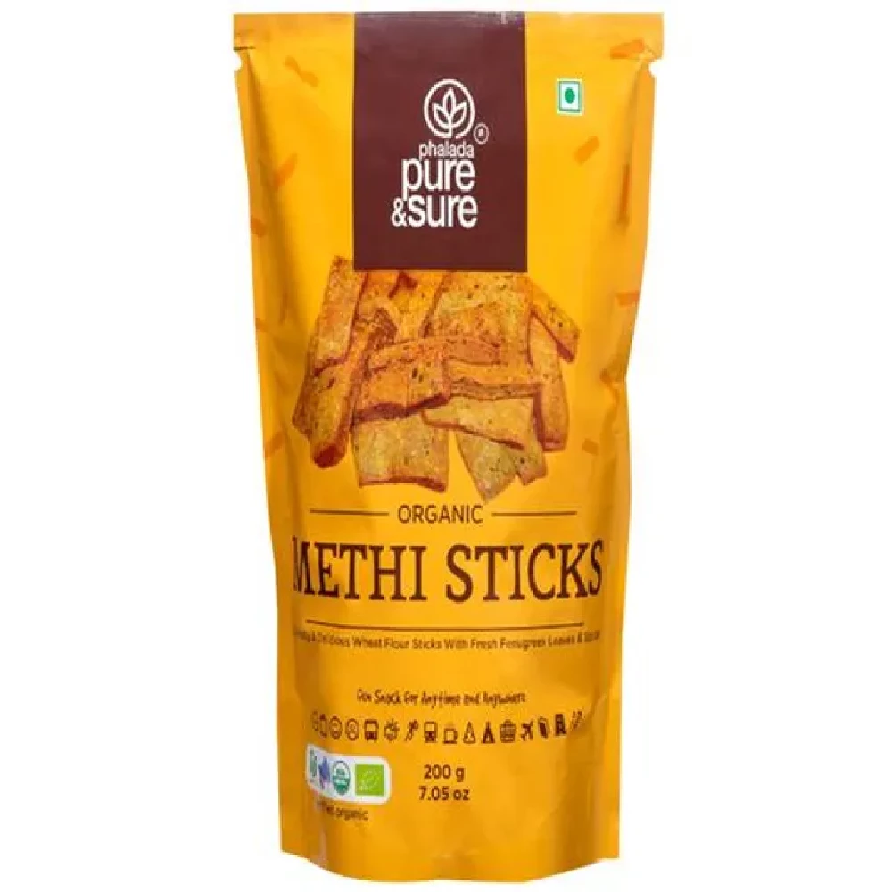 Phalada Pure & Sure Organic Methi Sticks - Made With Wheat Flour, Fenugreek Leaves, Crunchy & Delicious Phalada Pure & Sure Organic Methi Sticks - Made With Wheat Flour, Fenugreek Leaves, Crunchy & Delicious--200g Pouch