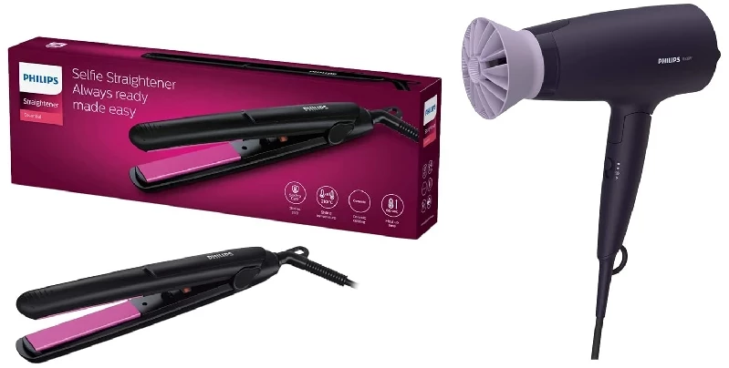 Philips Hair Dryer-Purple BHD318-00 1600 Watts & HP8302 Selfie Straightener Black Philips Hair Dryer-Purple BHD318-00 1600 Watts & HP8302 Selfie Straightener Black-Pack Size-Combo of 2