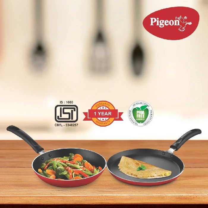 Pigeon Aluminium Nonstick Duo Pack Flat Tawa 250 and Fry Pan 200 Gift Set (Red) - Image 5