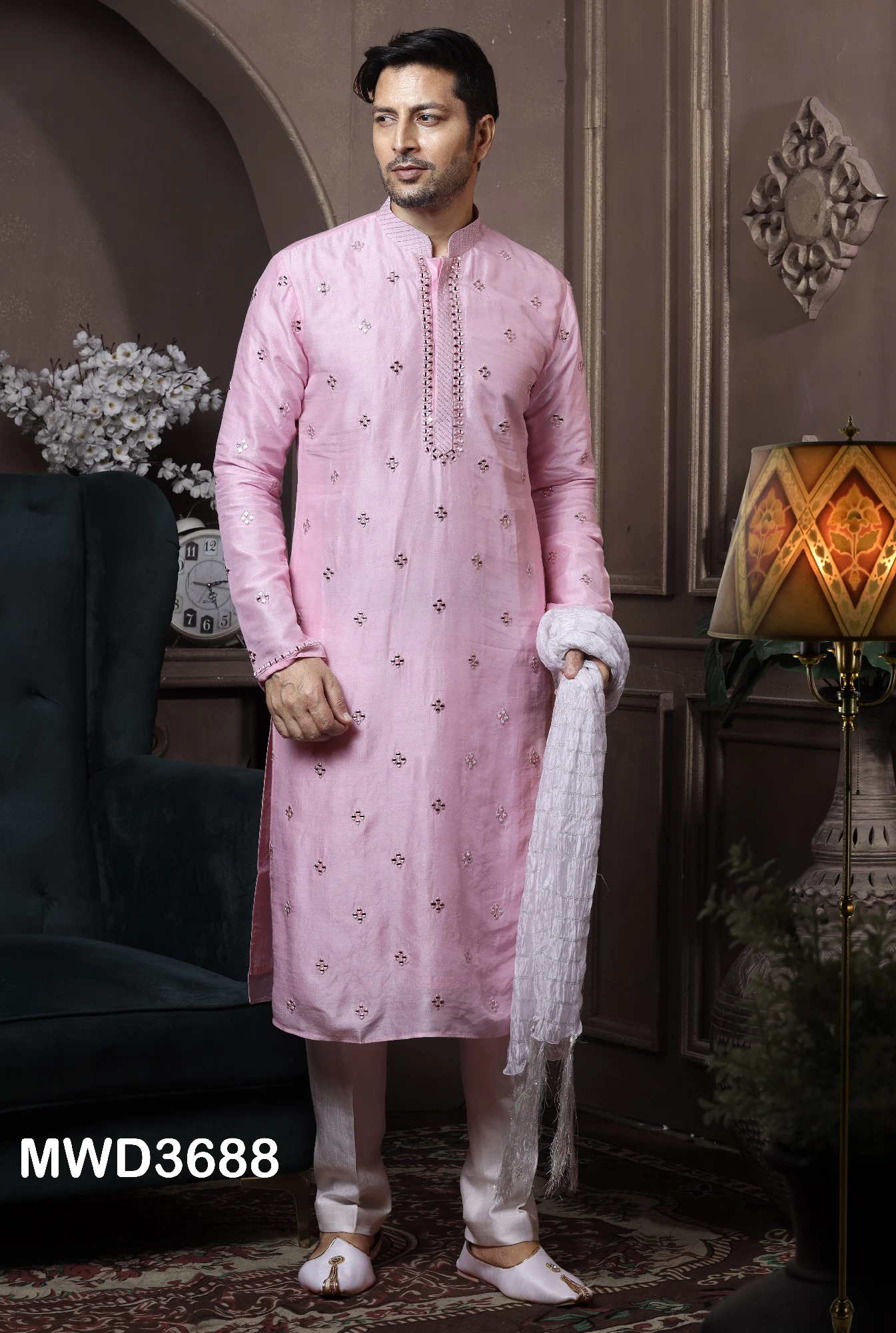 Pink Readymade Mirror Embroidered Kurta Pajama - Image 1