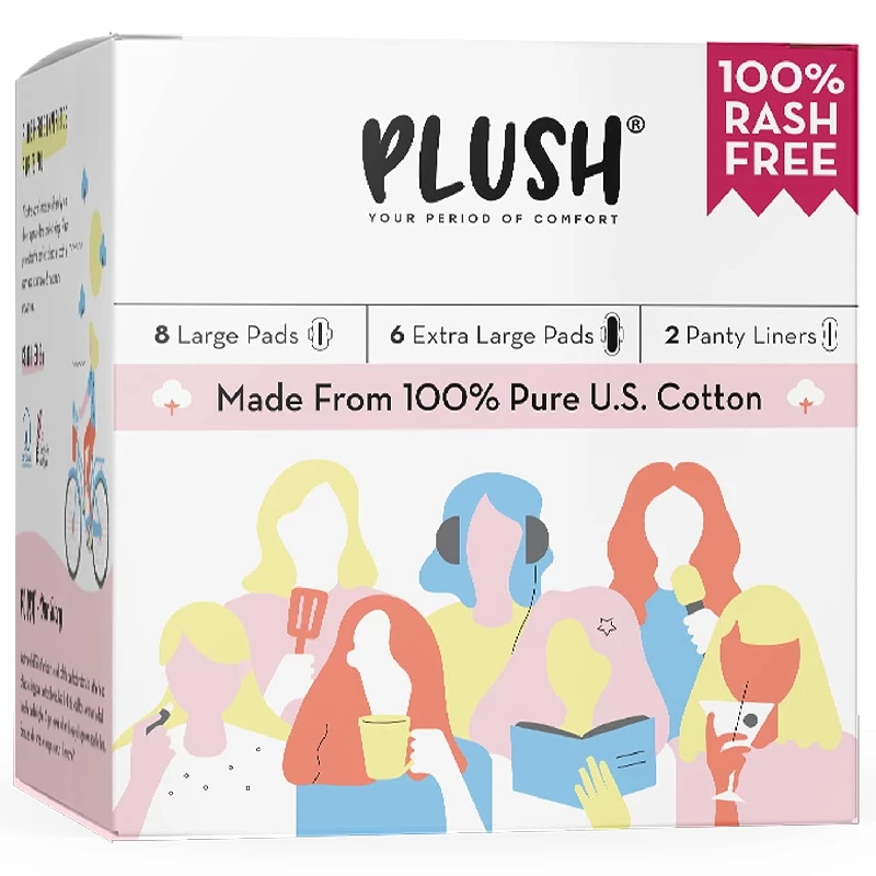Plush 100 Pure U.s. Cotton Sanitary Pads With 8 Light Flow Pads (l) 6 Heavy Flow (xl) & 2 Panty Liners