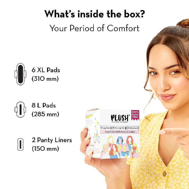 Plush 100% Pure U.S. Cotton Sanitary Pads with 8 Light Flow Pads (L) 6 Heavy Flow (XL) & 2 Panty Liners - Image 2
